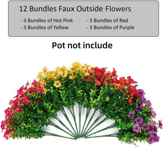 HyeFlora Artificial Flowers for Outdoor Indoor Garden Home Decoration, Faux Flower Daisy with Eucalyptus Leaves Fake Plants Greenery Boxwood Porch Patio, 12 Bundles (Mix Pink Red Purple Yellow)