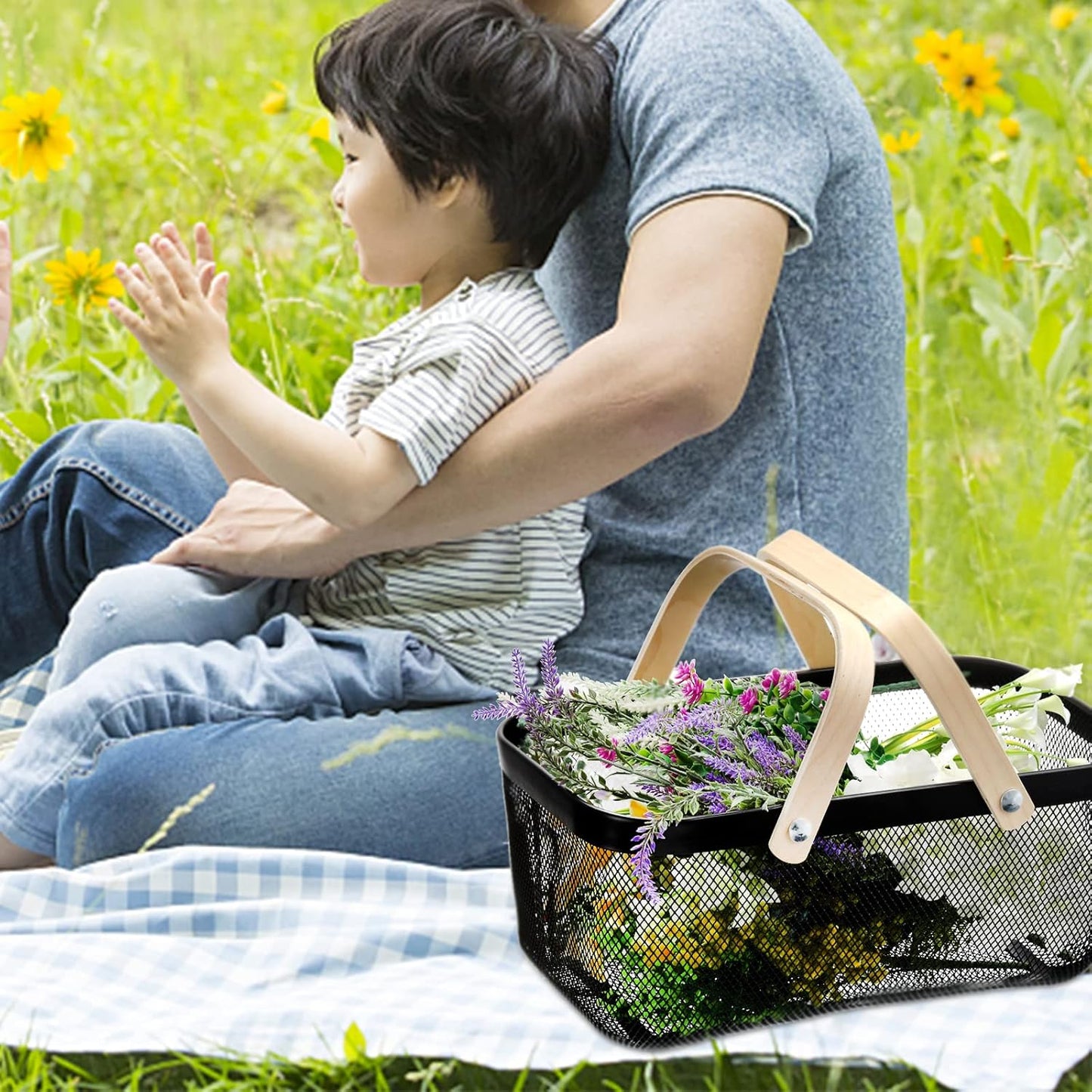 ZEAYEA Mesh Storage Basket with Handle, Garden Harvest Basket, Mesh Fruit Vegetables Gathering Basket Bin, Multi-functional Metal Wire Basket for Kitchen Garden Picnic Cabinet